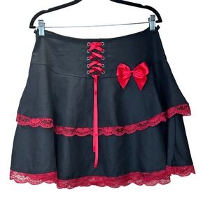 Social Collision Black Red Lace Trim Ruffle Skirt Gothic Punk Lolita Size L